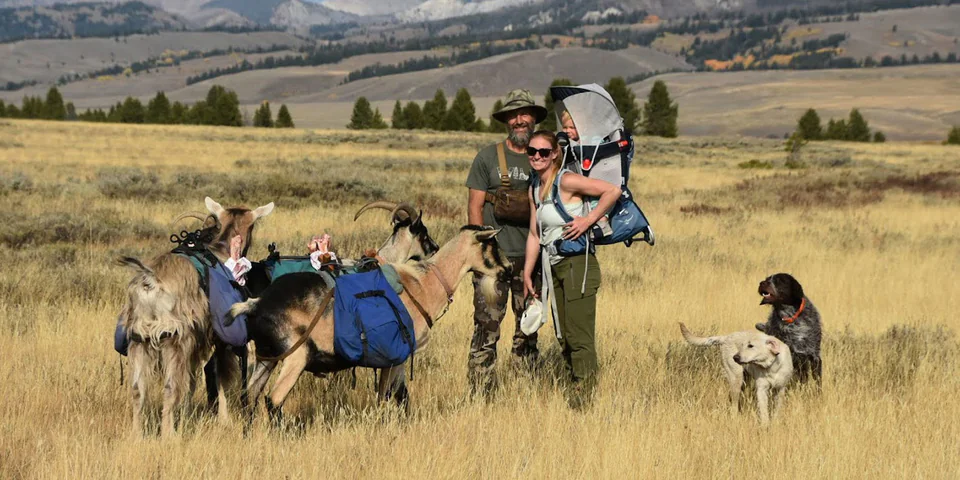 A family with hiking gears together with animals